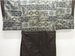 アンティーク　絵皿に船・華紋模様肩裏手織り紬男物羽織